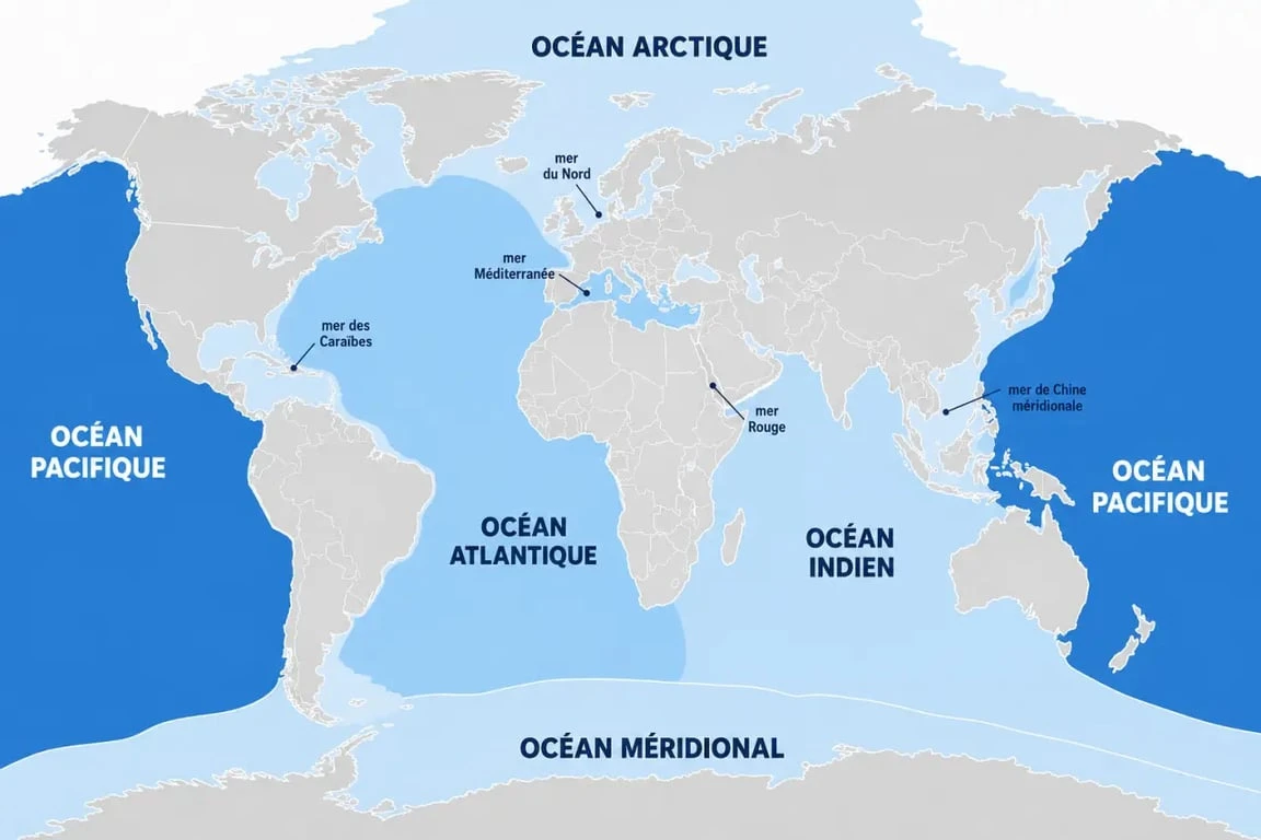 Carte du monde ocean avec les cinq océans principaux et les continents repères