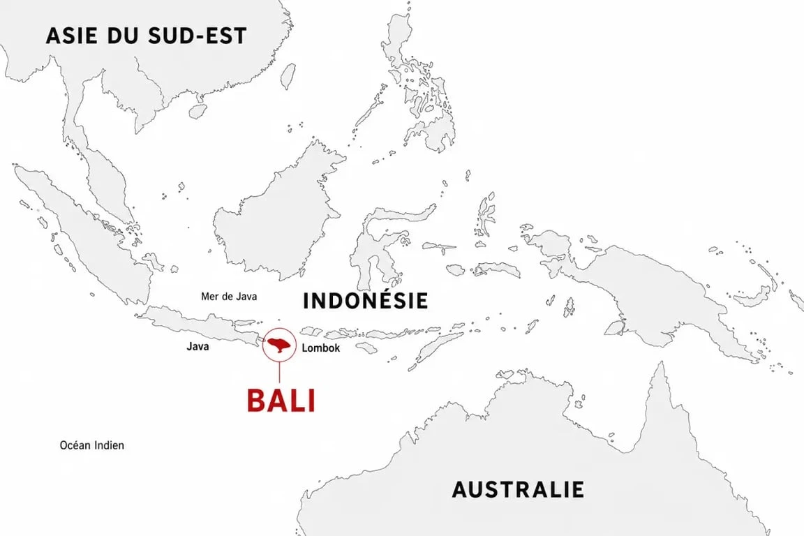 Bali carte monde : l’île située en Indonésie, entre Java et Lombok, au nord de l’Australie