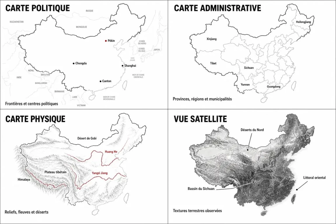 Carte la chine comparant les versions politique, administrative, physique et satellite