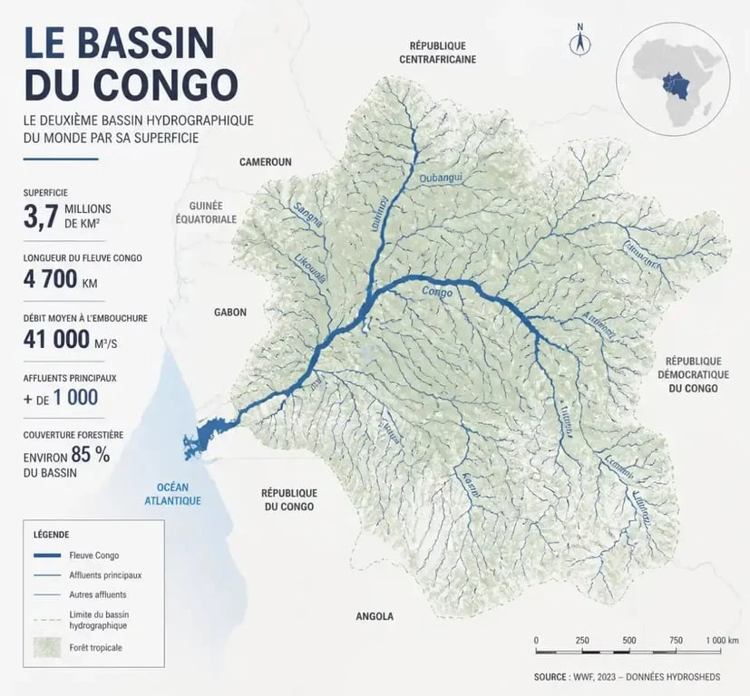 Carte du bassin du Congo illustrant l'hydrographie de l'Afrique centrale