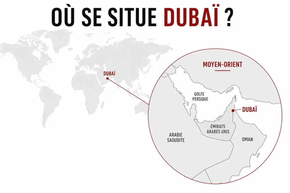 dubai carte du monde : localisation de Dubaï sur une carte du monde et du Moyen-Orient