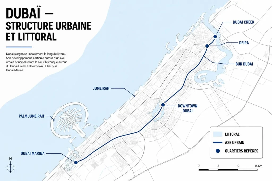 dubai carte du monde : plan clair des quartiers de Dubaï avec Creek, Downtown Dubai, Jumeirah et Dubai Marina