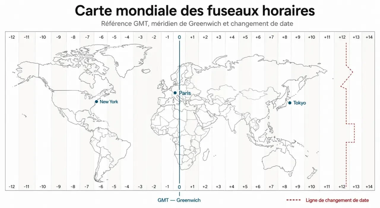 Carte du monde fuseaux horaires avec repères GMT, villes clés et ligne de changement de date