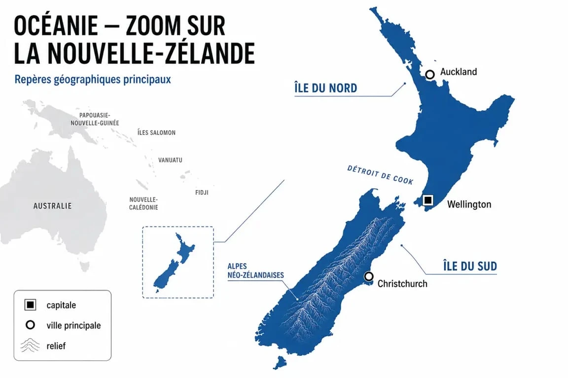 carte du monde nouvelle zélande avec zoom sur les deux îles principales