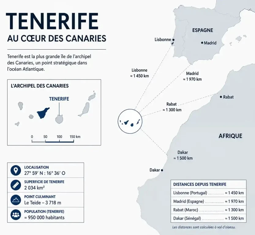 Carte de Tenerife sur le globe montrant sa position stratégique entre l'Europe et l'Afrique