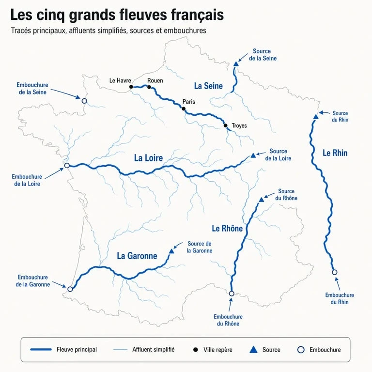 Carte fleuves de la France avec la Loire, le Rhône, la Garonne, la Seine et le Rhin