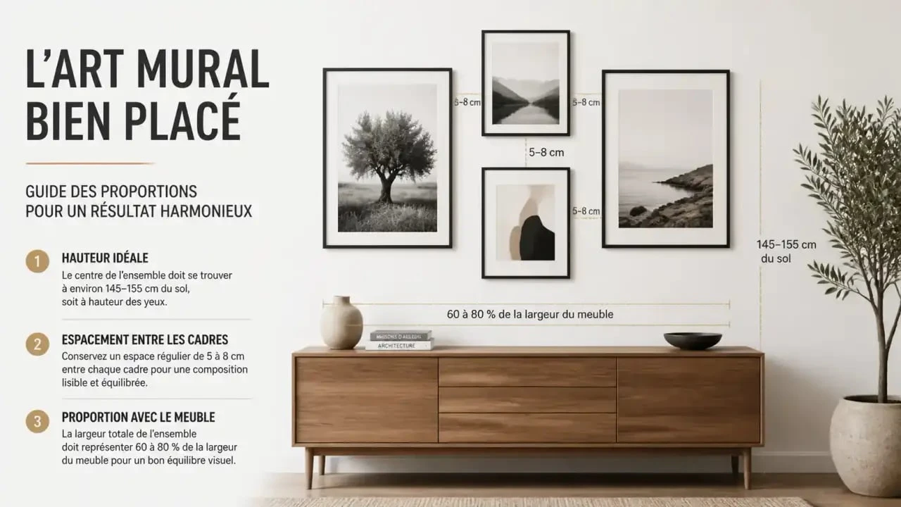 Disposition cadre mural au-dessus d'un meuble pour un équilibre visuel parfait