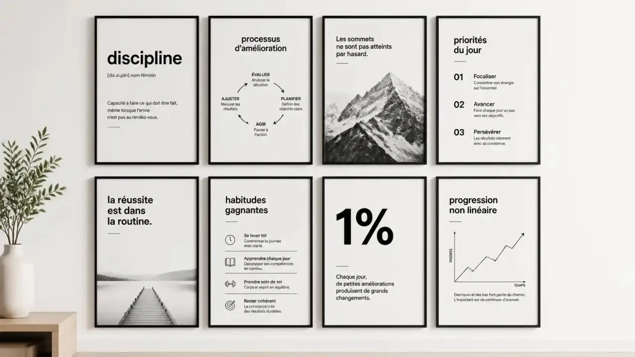 Exemple de disposition cadre mural en grille régulière pour un intérieur minimaliste