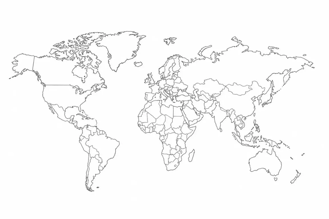 Carte du monde sans les noms : planisphère muet noir et blanc avec frontières visibles