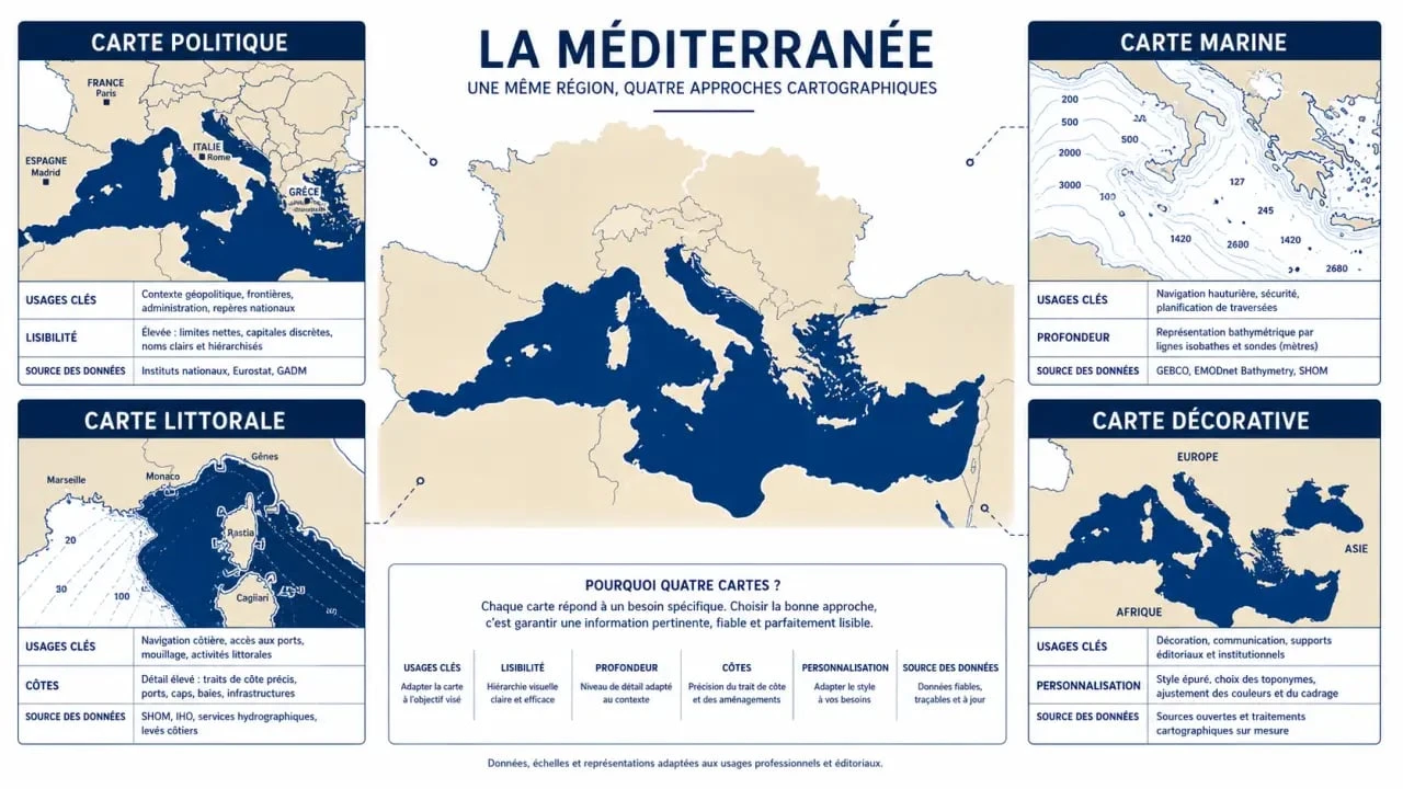 Cartographie méditerranée comparant carte politique, carte marine, carte littorale et carte décorative dans une composition éditoriale claire