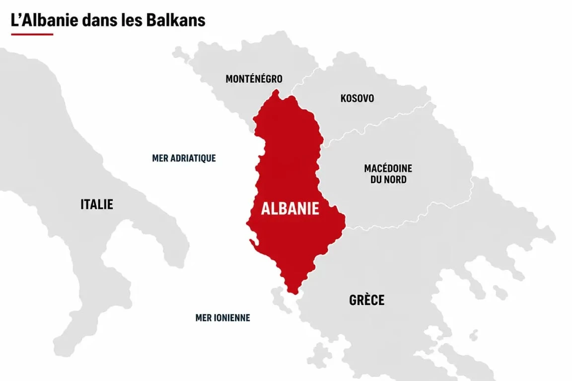 Albanie sur carte du monde : carte de l’Europe du Sud-Est avec l’Albanie surlignée et ses voisins visibles