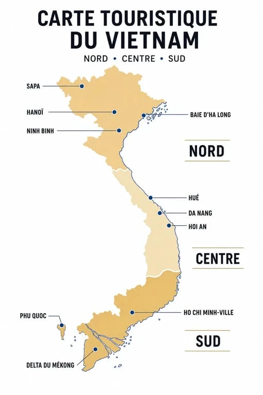 Vietnam carte du monde : carte touristique des régions Nord, Centre et Sud avec les principaux repères