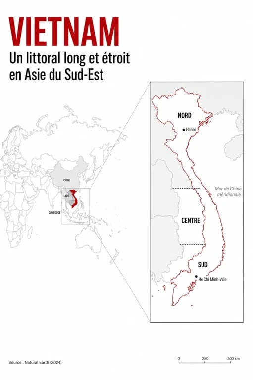 Vietnam carte du monde : localisation du Vietnam en Asie du Sud-Est avec ses voisins et ses grandes régions