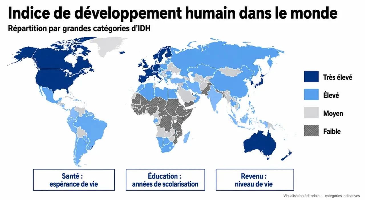 Carte IDH dans le monde avec les catégories très élevé, élevé, moyen et faible et les dimensions santé, éducation et revenu