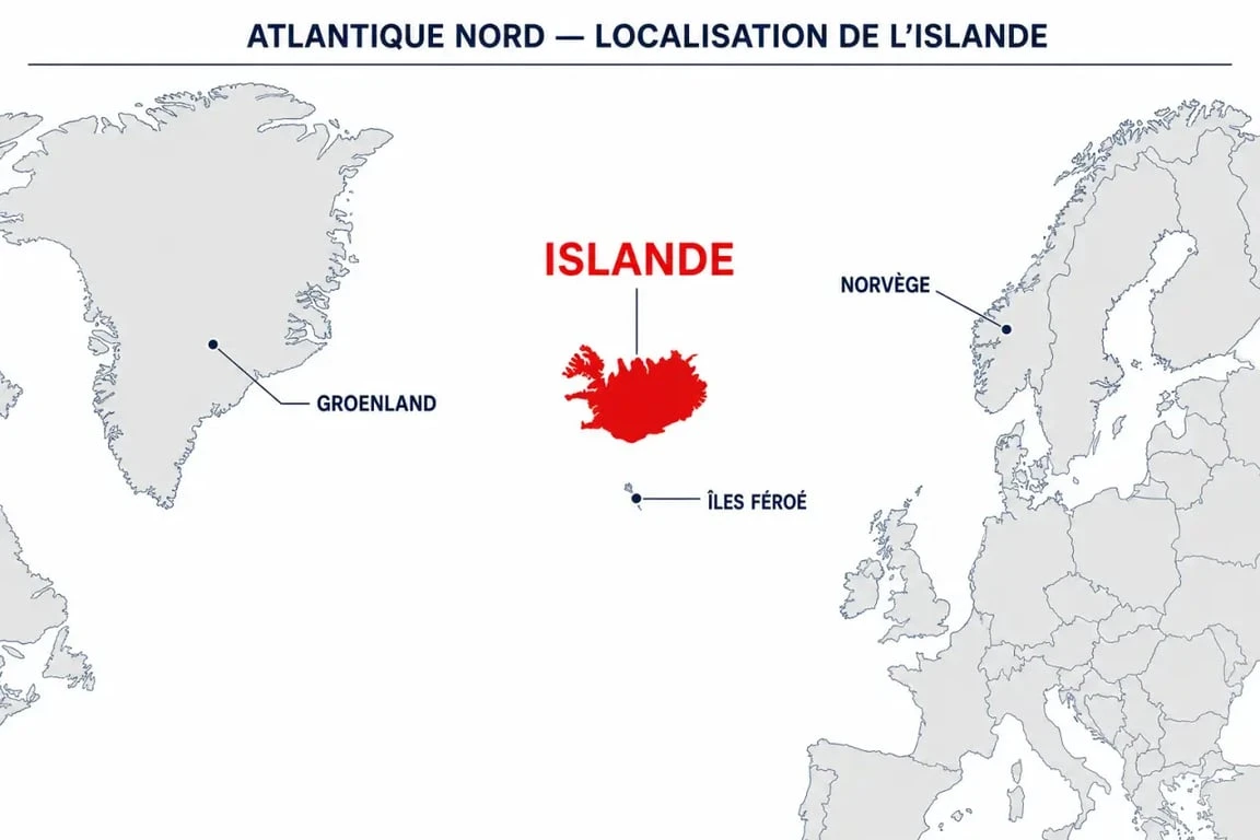 Carte monde island avec l’Islande mise en évidence dans l’Atlantique Nord