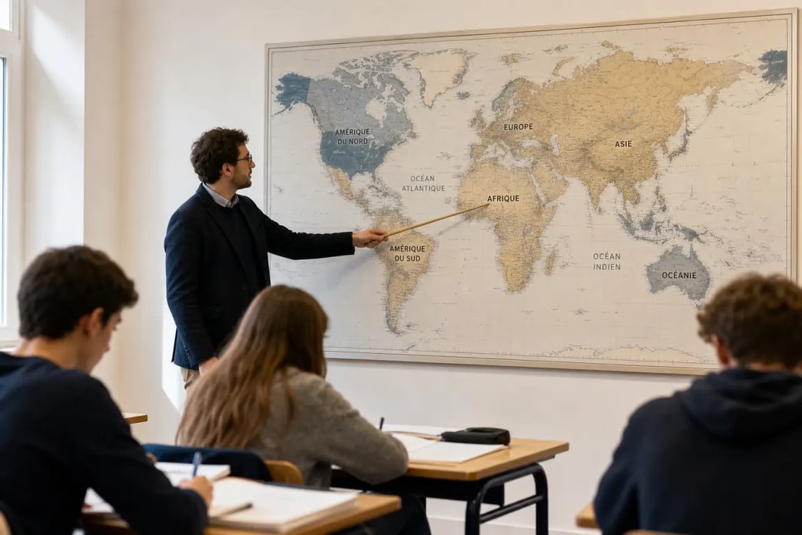 Carte murale du monde en salle de classe pour réviser la géographie au lycée