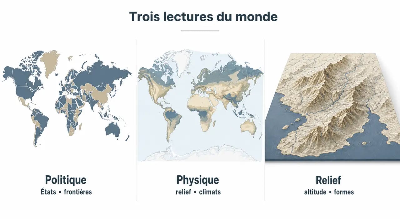 Carte murale du monde : comparaison entre carte politique, physique et en relief au lycée