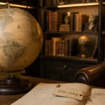 Globe terrestre ancien sur pied en bois wengé, cartographie patinée