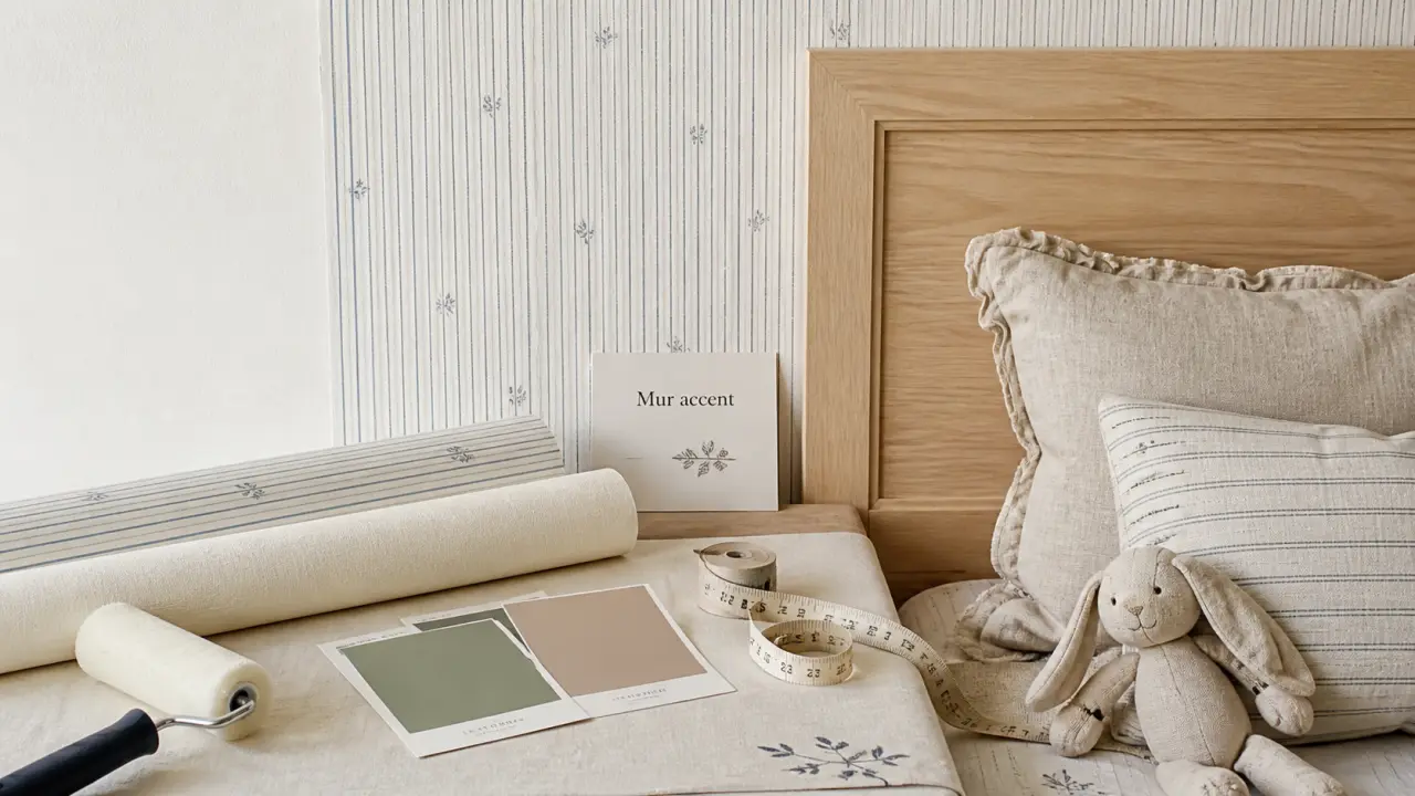 Papier peint chambre enfant bleu gris : mur accent et rouleaux d’intissé