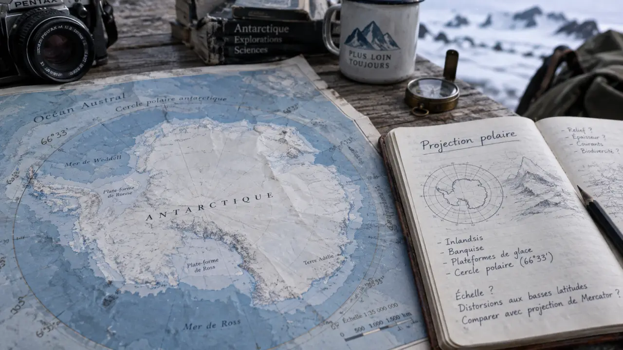Antarctique sur une carte du monde, pôle Sud et repères océaniques