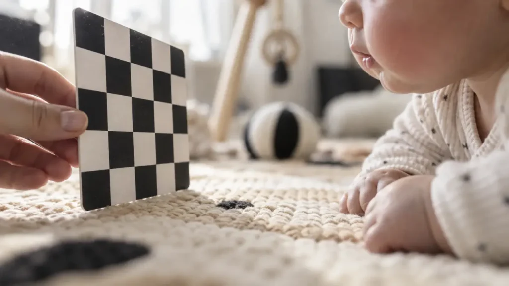 Carte noir et blanc pour bébé : 20 à 30 cm pour éveiller son regard sans le surstimuler