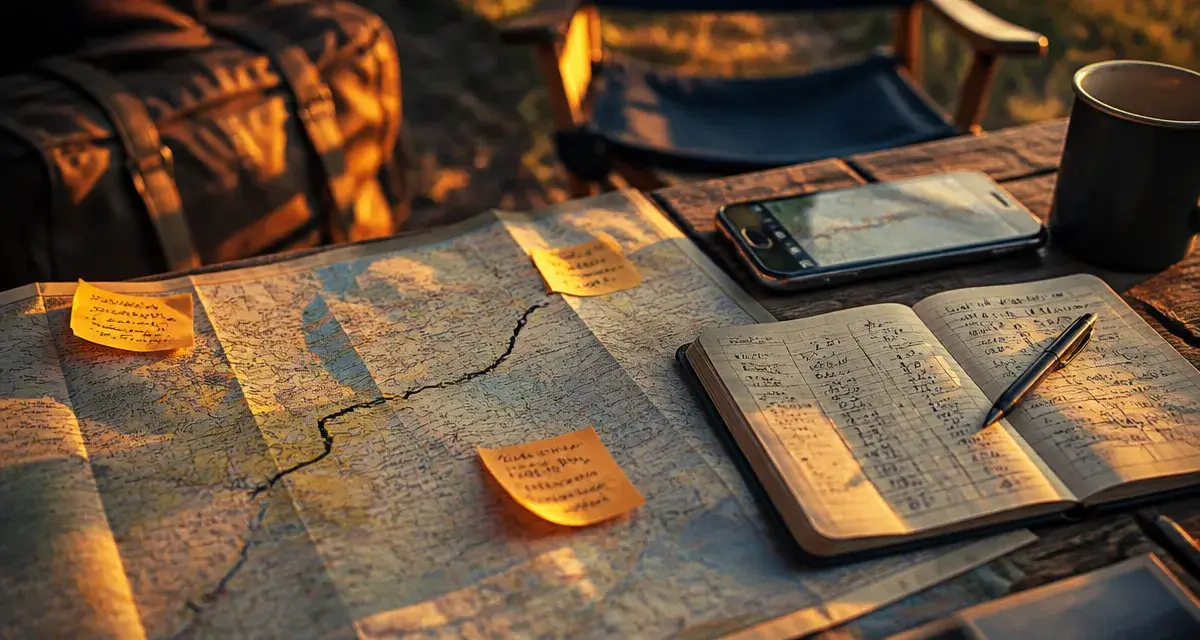 Carte road trip papier sur table, face aux zones blanches