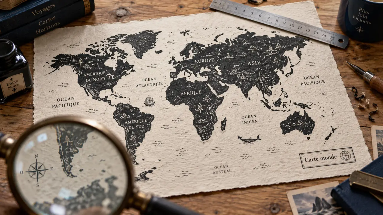Dessin monde : carte du monde, style gravure