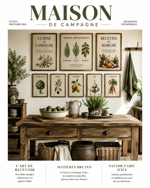 Décoration murale cuisine vintage et rustique avec affiches rétro et cadres en bois