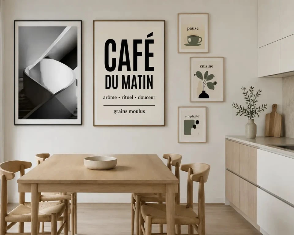 Décoration murale cuisine moderne avec posters et cadres au-dessus d’un coin repas