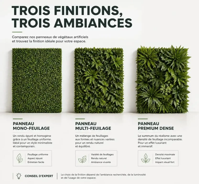 Comparaison de textures de mur végétal artificiel : mono-feuillage, multi-feuillages et premium pour un rendu naturel.