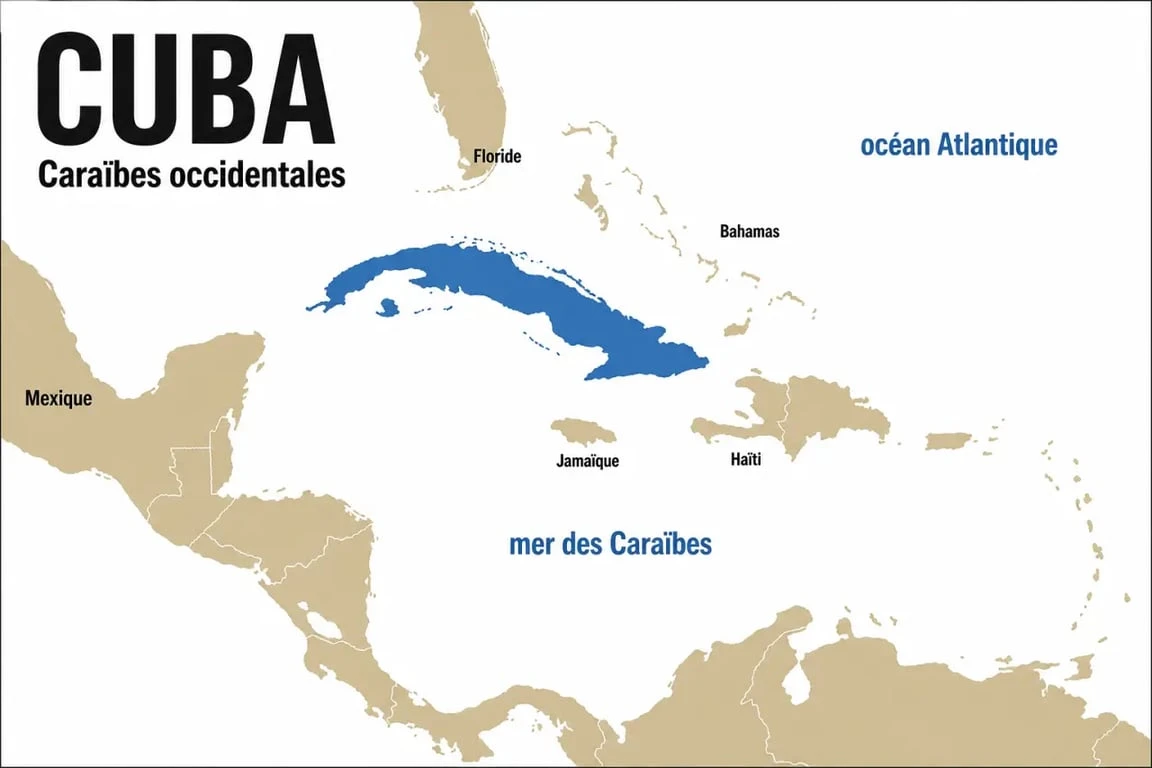Cuba carte du monde : planisphère des Caraïbes montrant la position de Cuba entre la Floride, le Mexique, la Jamaïque et Haïti