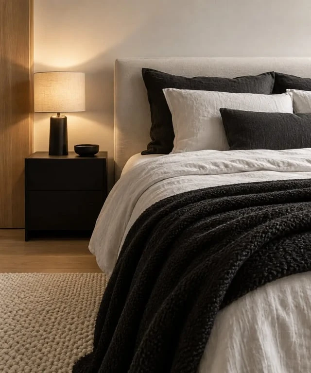 Détail d’une chambre noir et blanc avec linge texturé et éclairage doux