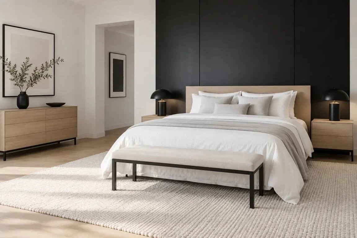 Chambre noir et blanc avec mur noir mat, linge blanc et matières chaleureuses