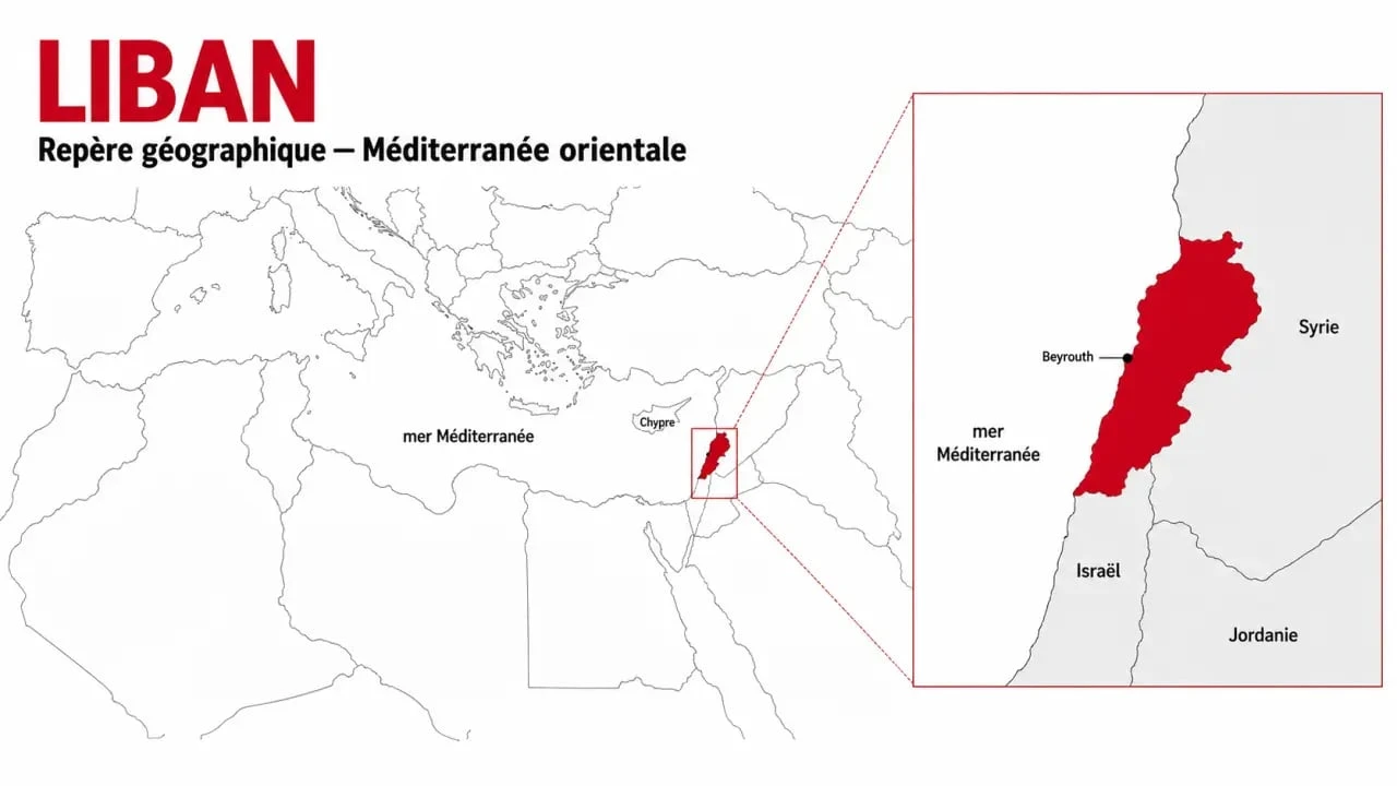 Liban sur carte du monde avec le pays mis en évidence entre la Syrie, Israël et la Méditerranée
