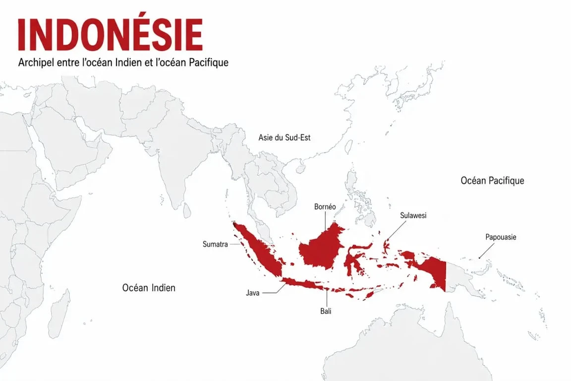 Indonésie carte du monde avec l’archipel mis en évidence en Asie du Sud-Est