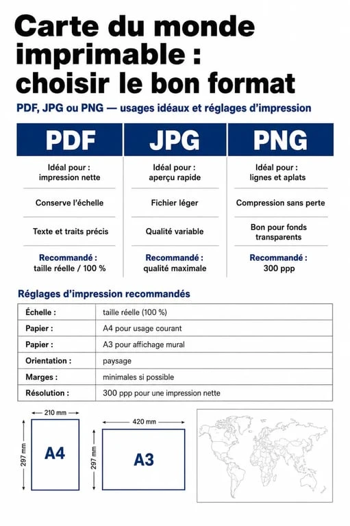 Carte du monde imprimable : formats PDF, JPG et PNG et réglages d’impression recommandés