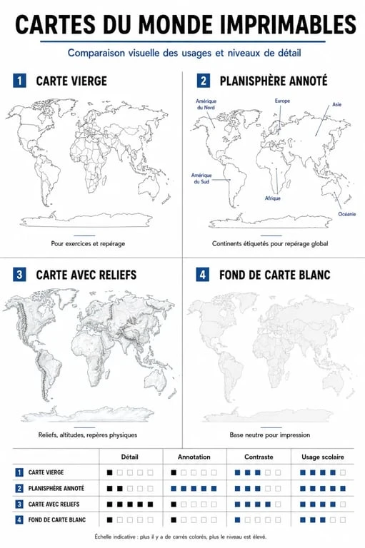 Carte du monde imprimable : comparaison entre carte vierge, planisphère annoté, carte avec reliefs et fond de carte blanc