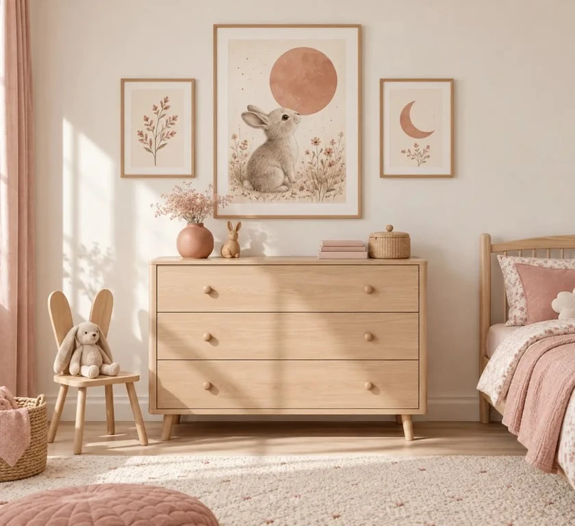 Tableau chambre fille et composition de cadres au-dessus d’une commode