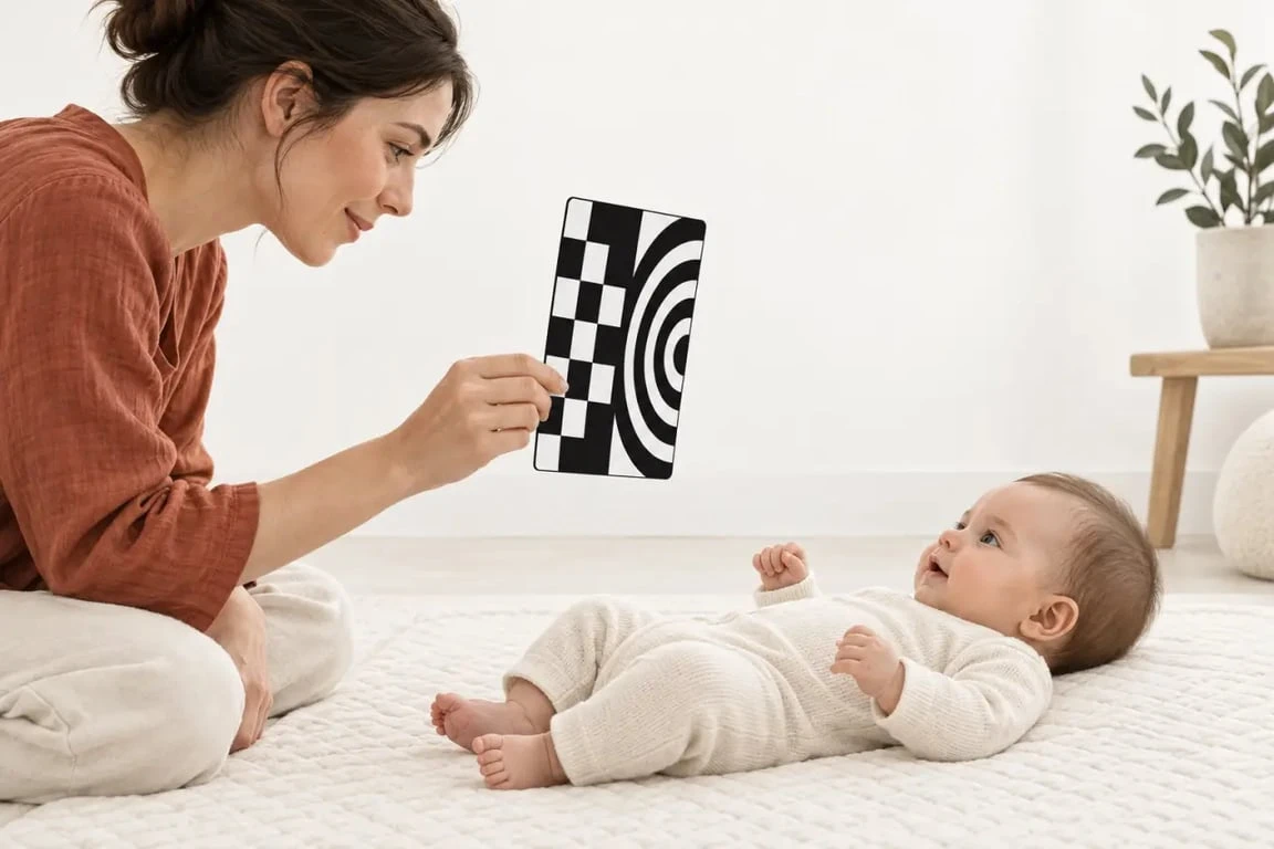 Carte noir et blanc pour bébé présentée à bonne distance pendant un moment d’éveil visuel