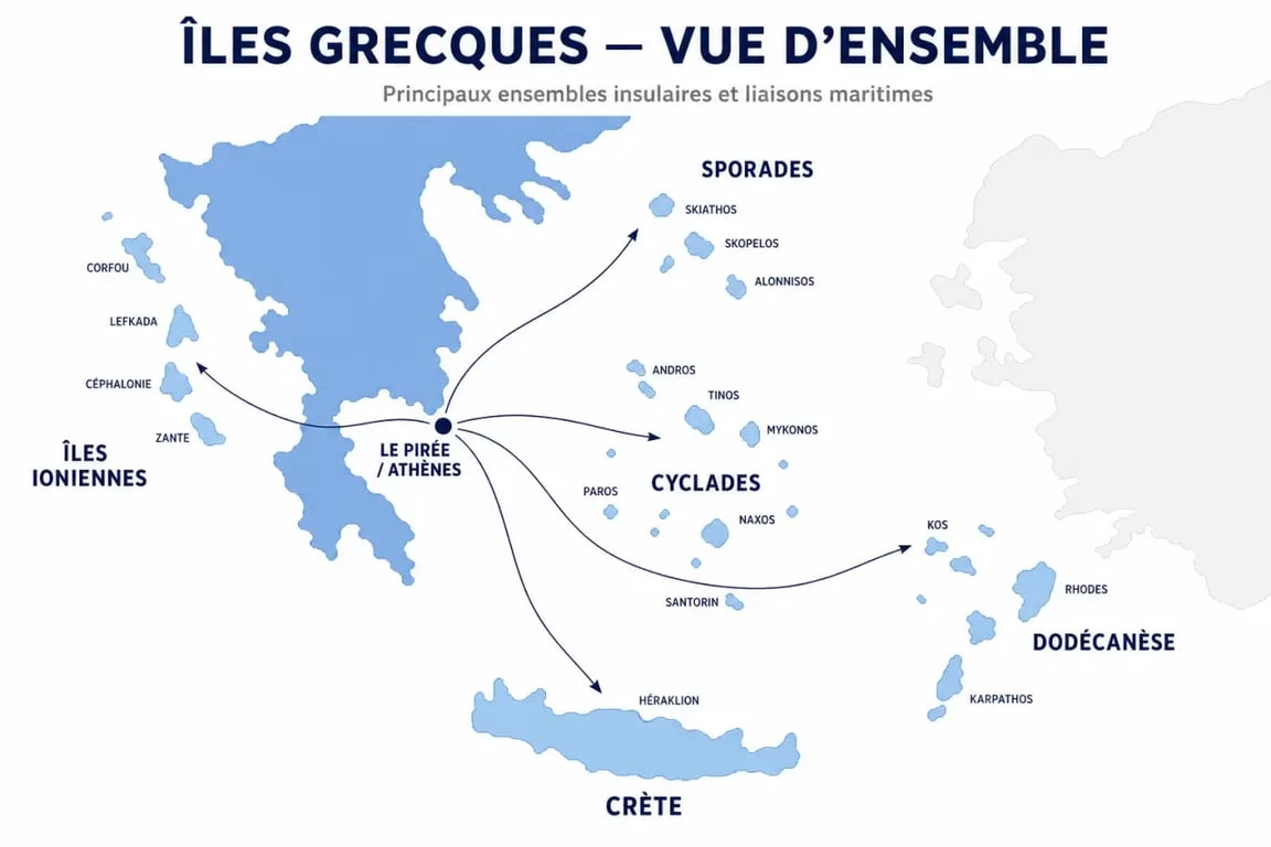 Carte îles grecques montrant les Cyclades, la Crète, les îles Ioniennes, les Sporades et le Dodécanèse