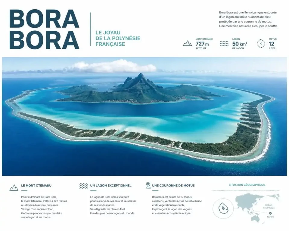 Carte visuelle et paysage de Bora Bora avec le mont Otemanu et le lagon