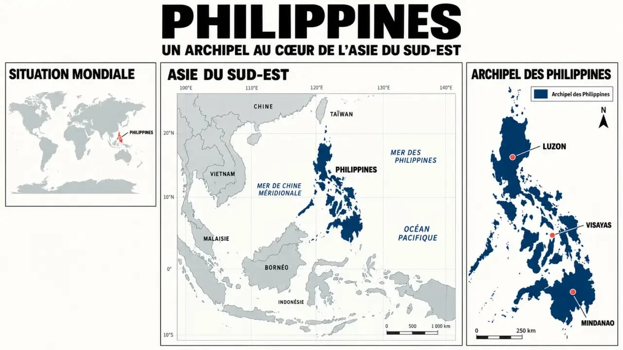 Philippines carte du monde avec localisation en Asie du Sud-Est et principaux ensembles insulaires