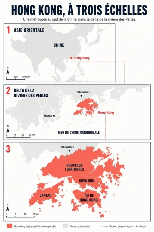 Hong Kong carte du monde et localisation en Asie orientale près de Shenzhen et Macao