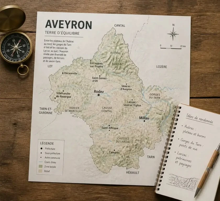 Préparation d'un itinéraire de voyage avec une carte papier de l'Aveyron et des outils de navigation.