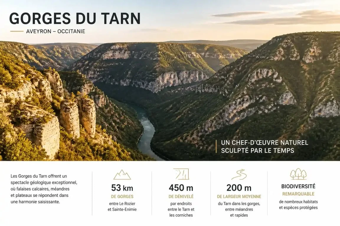Paysage spectaculaire des Gorges du Tarn pour préparer vos cartes aveyron et itinéraires de voyage.