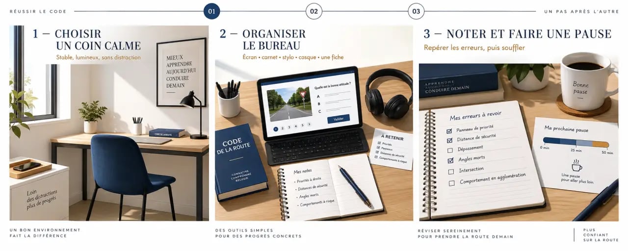 Aménager un espace de révision pour le code de la route avec bureau organisé, supports et suivi des erreurs