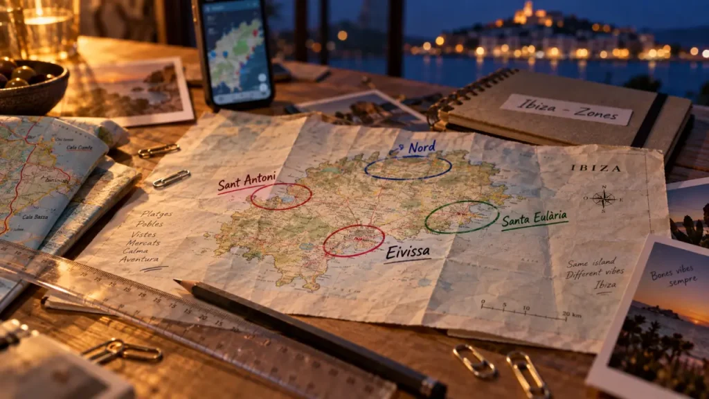 Ibiza carte : zones Eivissa, Sant Antoni, Santa Eulària et nord