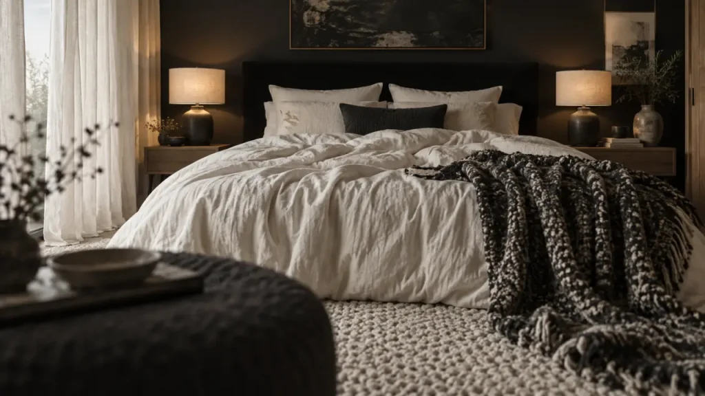 Une chambre noir et blanc réussie repose sur le contraste, les matières et la lumière