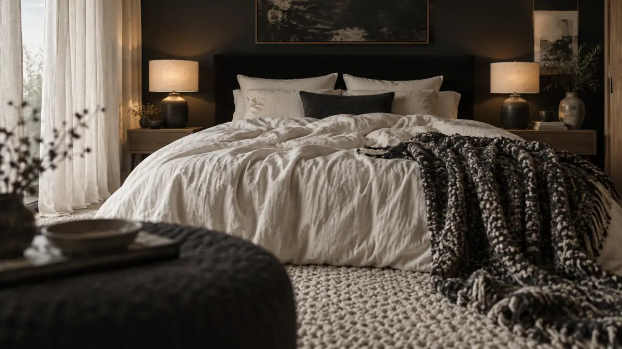 Noir et blanc chambre : linge, tête de lit noir et lampes