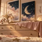 Tableau chambre fille : 3 cadres pastel au-dessus d’une commode
